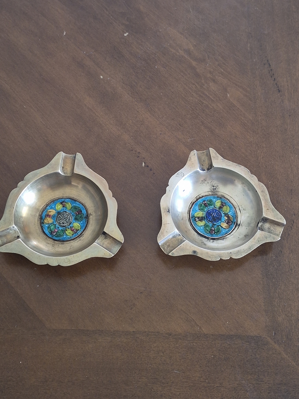 Pair of Antique Chinese Brass Ashtray With Enamel Bat Decoration